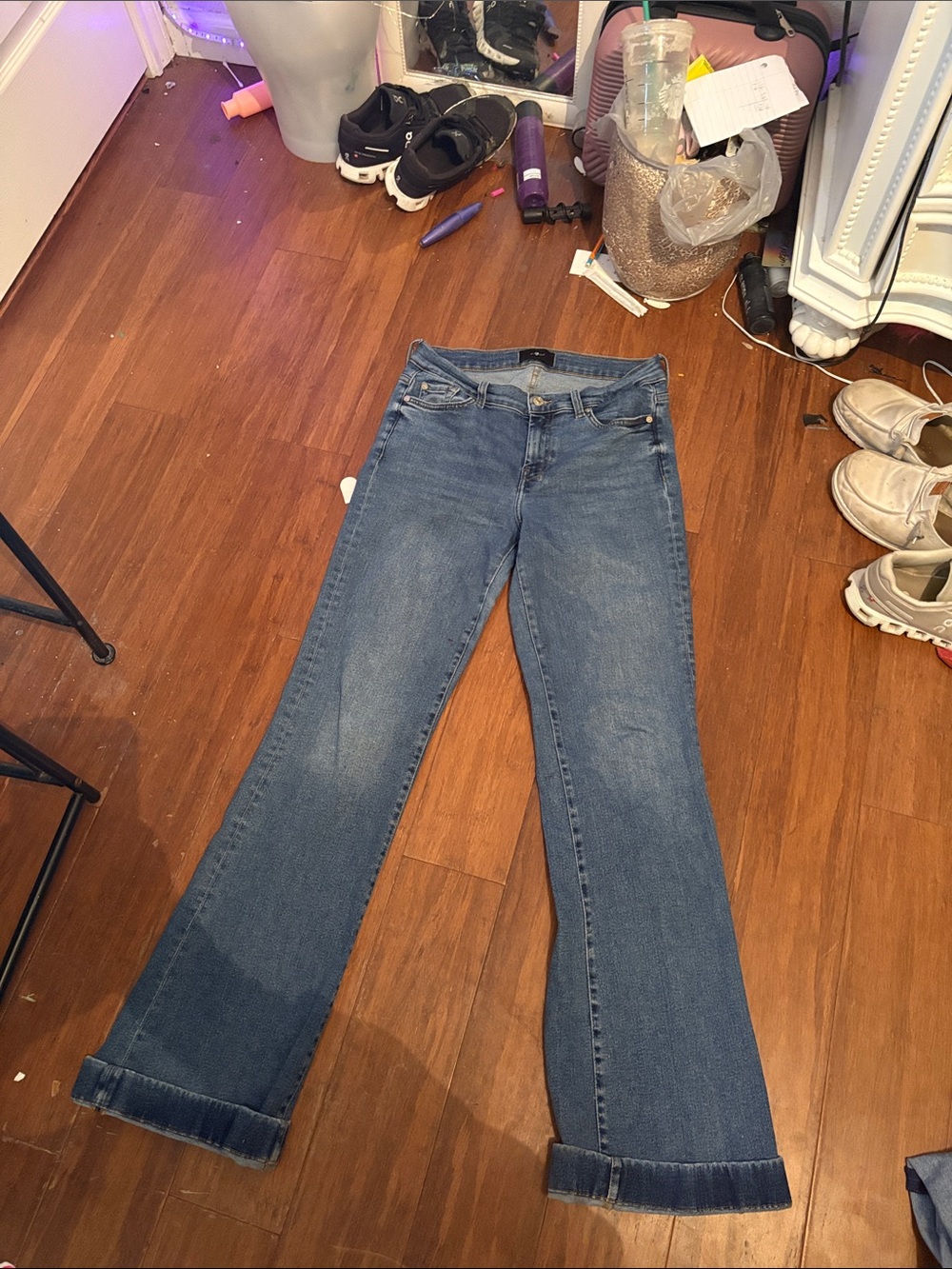 7 For All Mankind Blue Flare Jeans with Contrast Pocket Stitching